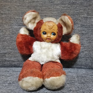 vintage animal stuffed rubber face big eye brown bear doll japanese 13in