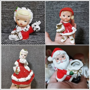 Könnte beinhalten: Set von vier Vintage-Weihnachtsfiguren. Zwei sind Mädchen, die rote Kleider mit weißem Pelzbesatz tragen und Geschenke halten. Ein Mädchen trägt einen roten Hut und hält ein Paar Schlittschuhe. Die vierte Figur ist der Weihnachtsmann, der einen roten Anzug trägt und einen Sack mit Geschenken hält.