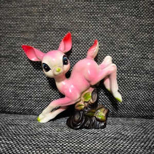 vintage Ceramic kitsch big eye pink deer animal deer japanese