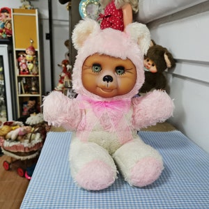 vintage stuffed rubber face pink and white bear with blinking eyes japan plush doll