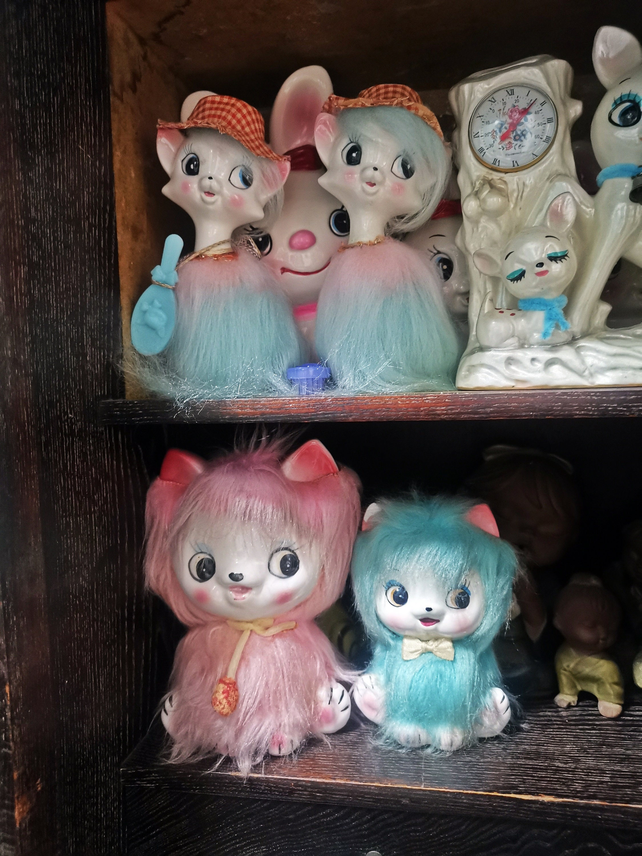 Vintage Cute Japanese Fur Pink Kitty Kitsch Ceramic Big Eye