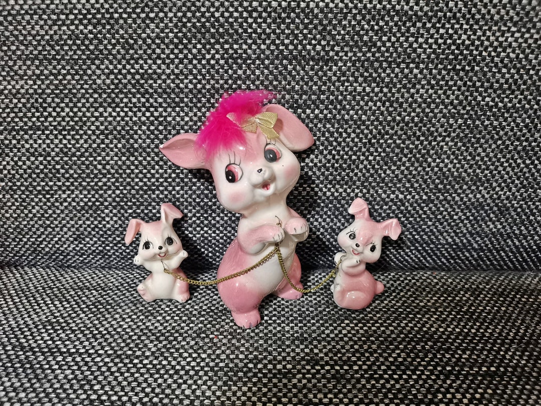 Japanese Plastic Rabbit Vintage Japanese Animal Kawaii Ceramic Kitsch Pink Big Eye Bunny Rabbit ...