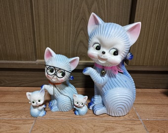 Ceramic Cat Blue Glasses Kitschy Big Eye Ceramic Cat Cat Japan
