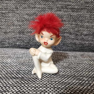 Vintage kawaii ceramic Naughty Elf Figurine Red Fur Hair Pointy Ears Japan pixie