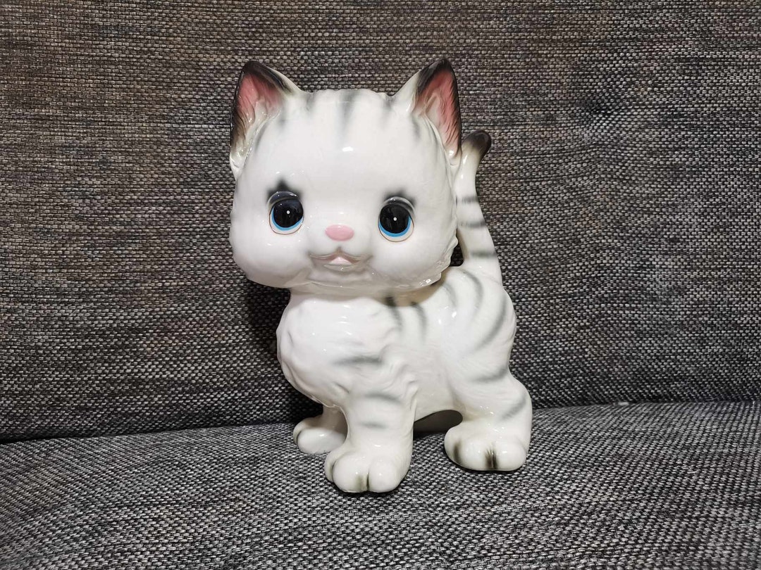 Vintage Ceramic Kitsch Big Eye Tabby Kitty Cat Japan Piggy Bank Plush Doll Etsy