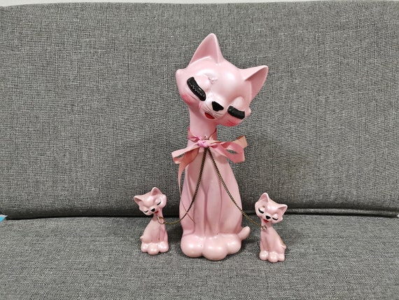 Vintage Japanese Kawaii Ceramic Kitsch Kitty Pink Long Neck Cat