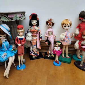 Vintage pose doll japanese kawaii showa big eye doll kimono and puppy doll