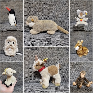 vintage stuffed animal steiff cow sheep  penguin  koala yuku monkey  kangaroo  otter bunny germany toys plush 6in