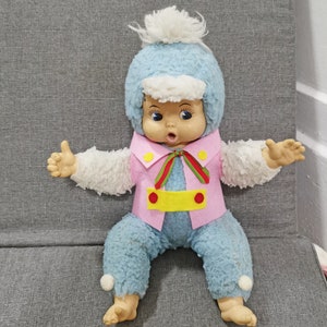 vintage rubber face stuffed blue baby animal plush doll 14&quot;
