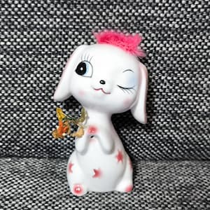 vintage japanese animal ceramic kitsch kawaii big eye white flowers kitty cat Figurines japan