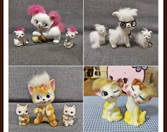 vintage japanese animal white cat ceramic kitsch big eye pink fur kitty cat family japan