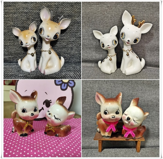 ヴィンテージ 日本の動物 陶器 キッチュ かわいい 大きな目 白鹿 愛好