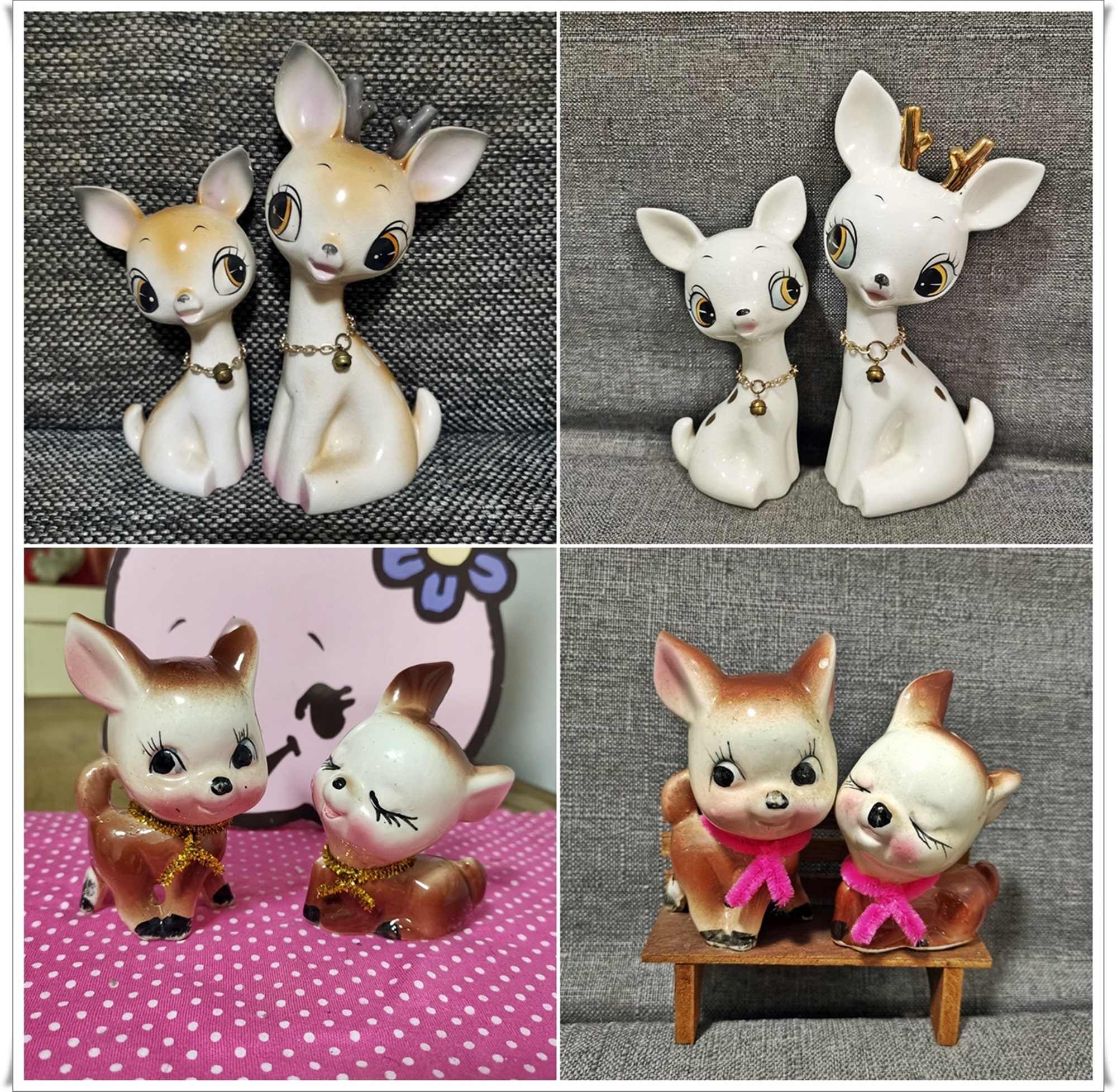 ヴィンテージ 日本の動物 陶器 キッチュ かわいい 大きな目 白鹿 愛好