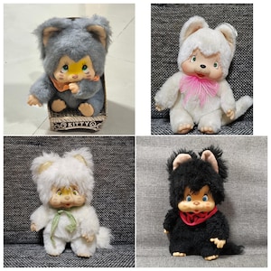 vintage animal stuffed Monchhichi Monchichi nyamy Black white pink Cat kitty japan 1970s doll