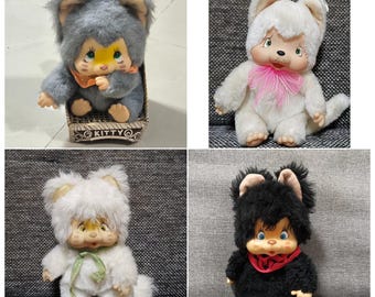 vintage animal stuffed Monchhichi Monchichi nyamy Black white pink Cat kitty japan 1970s doll