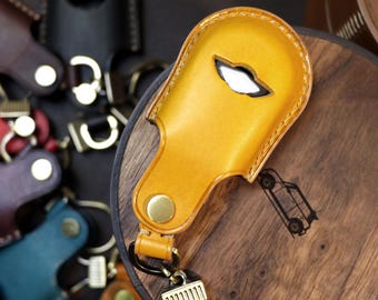 Leren hoes mini Cooper-sleutelhanger: handgemaakte autosleutelhoes