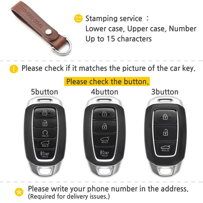 Puede incluir: Tres llaveros de coche con diferentes n&uacute;meros de botones. Los llaveros son negros con detalles plateados y tienen botones etiquetados como "HOLD". El texto "5button", "4button" y "3button" est&aacute; encima de cada llavero. El texto "Por favor, compruebe el bot&oacute;n." est&aacute; en amarillo.