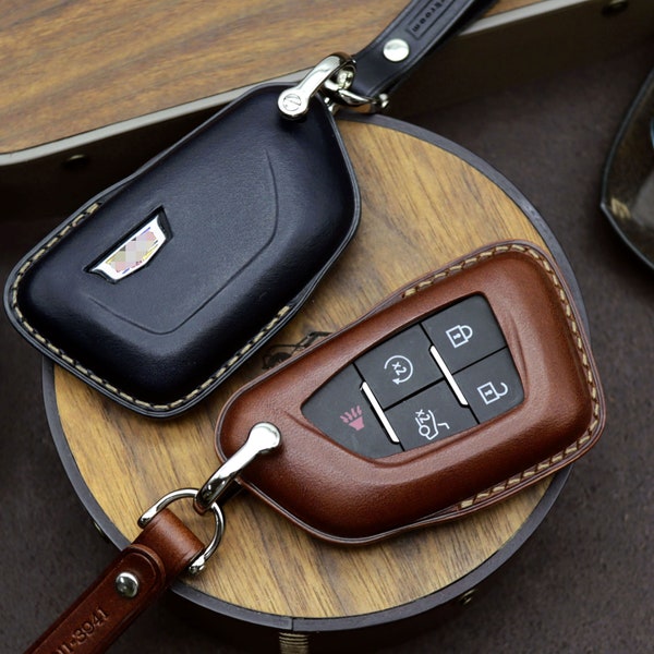 Cadillac key chain, ESCALADE, ATS,CT6,XT5, Leather Car Key Fob cover, Car Key Case, Smart Key Leather Case