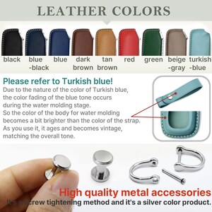 May include: Leather key fob in various colors, including black, blue, dark brown, tan, red, green, beige, and turquoise. The text "Please refer to Turkish blue!" is displayed below the color swatches. The text explains that the color of the leather may fade slightly during the water molding process, resulting in a lighter shade. The image also shows close-up details of the metal hardware used on the key fob, including a screw tightening method and a silver color product.