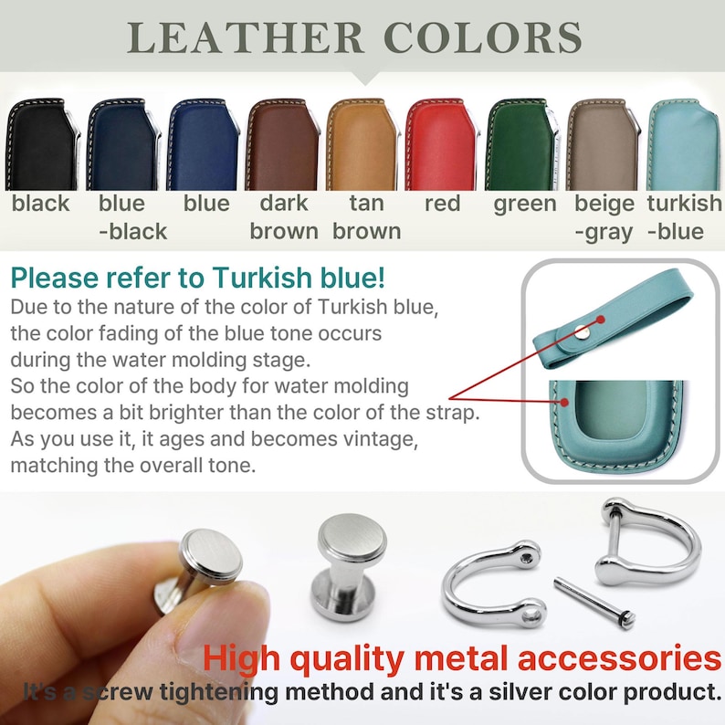 May include: Leather key fob in various colors, including black, blue, dark brown, tan, red, green, beige, and turquoise. The text "Please refer to Turkish blue!" is displayed below the color swatches. The text explains that the color of the leather may fade slightly during the water molding process, resulting in a lighter shade. The image also shows close-up details of the metal hardware used on the key fob, including a screw tightening method and a silver color product.