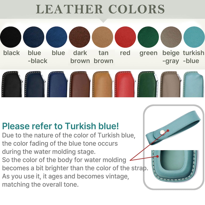Puede incluir: Carta de colores de cuero con diez colores diferentes: negro, azul, azul, marr&oacute;n oscuro, marr&oacute;n claro, rojo, verde, beige y turquesa. La tabla muestra el color del cuero utilizado para un llavero. El texto "&iexcl;Consulte el azul turco!" est&aacute; debajo de la tabla. El texto explica que el color del cuero azul turco puede desvanecerse durante el proceso de moldeo en agua.