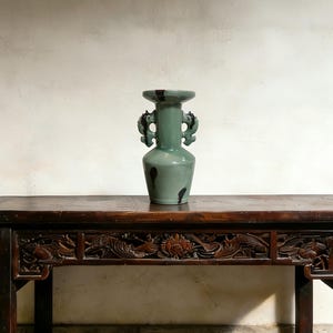 Chinese old ceramic vase,Longquan  Ware Celadon double ears vase with brown spots