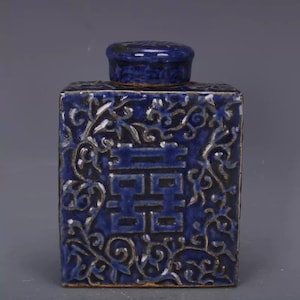 Chinese old ceramic Tea jar,China Ji Blue glaze porcelain Lid Pot,hand carving double Happies Pattern pottery pot,Asian Art Collection