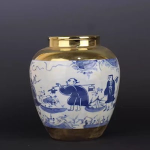 Chinese old ceramic jar,China Gold ground blue and white porcelain Pot,hand drawing figures Pattern pottery pot,Asian Collection