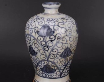 Jarrón de cerámica antiguo chino, jarrón Mei de porcelana azul y blanca de la dinastía Qing, jarrón Meiping de porcelana con patrón de flores dibujado a mano, botella Meiping