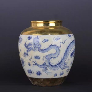 Chinese old ceramic jar,China Gold ground blue and white porcelain Pot,hand drawing dragon Pattern pottery pot,Asian Collection