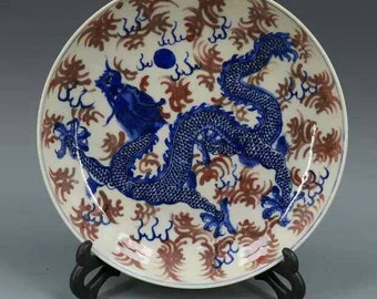 Chinese antique Qing dynasty Kangxi Marked blue and white underglaze red porcelain plate,dish,Chinese antique vase,Ornament