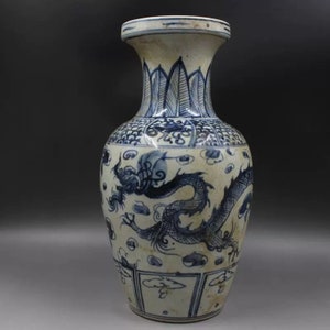 May include: A blue and white porcelain vase with a dragon design. The vase has a narrow neck and a wide base. The dragon is depicted in a swirling pattern with intricate details.