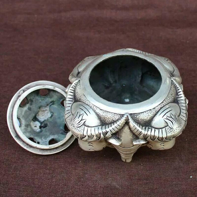 Chinese antique Ming dynasty Xuandelu style white copper silver plating censer,Xuande incense burner,vintage collectable collection Xuandelu