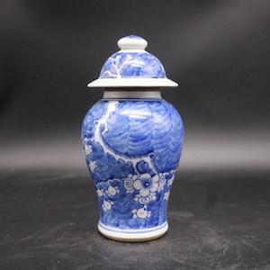 Könnte beinhalten: Eine blau-weiße Keramikvase mit Deckel. Die Vase hat ein Blumenmuster in Blautönen auf weißem Grund. Der Deckel hat einen kleinen Knopf. Die Vase ist ein dekorativer Gegenstand.