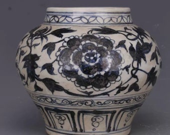 Chinese old ceramic jar,China blue and white porcelain Pot,hand drawing flowers Pattern pottery pot,Asian Art Collection