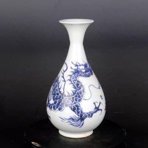 May include: A white porcelain vase with a blue and white dragon design. The vase has a narrow neck and a rounded body.