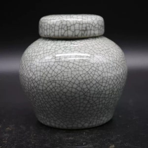 May include: A small, white ceramic jar with a lid. The jar has a crackled glaze, giving it a textured appearance.