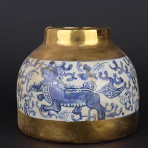 Chinese old ceramic brushwasher,China Gold ground blue and white porcelain Pot,hand drawing Kylin Pattern pottery pot,Asian Collection