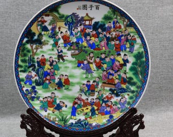 Plato de cerámica antiguo chino de la dinastía Qing Qianlong, plato de porcelana de la familia rosa, dibujo a mano con miles de patrones infantiles