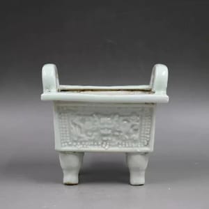 Chinese Old ceramic censer,Yuan Shufu white Glaze porcelain censer,hand carving Pottery incense burner