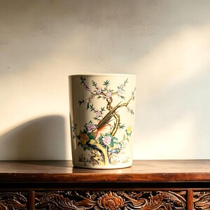 May include: A cylindrical ceramic vase with an off-white base color, featuring a colorful hand-painted design of a long-tailed bird perched on a flowering branch with pink blossoms, green leaves, and yellow and purple flowers near the base.