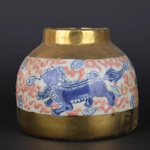 Chinese old ceramic brushwasher,China Gold ground blue and white porcelain Pot,hand drawing Kylin Pattern pottery pot,Asian Collection