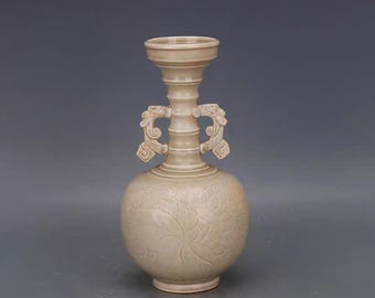 中国ヴィンテージ磁器花瓶、磁州焼白釉磁器玉虎春花瓶、磁州窯手彫り