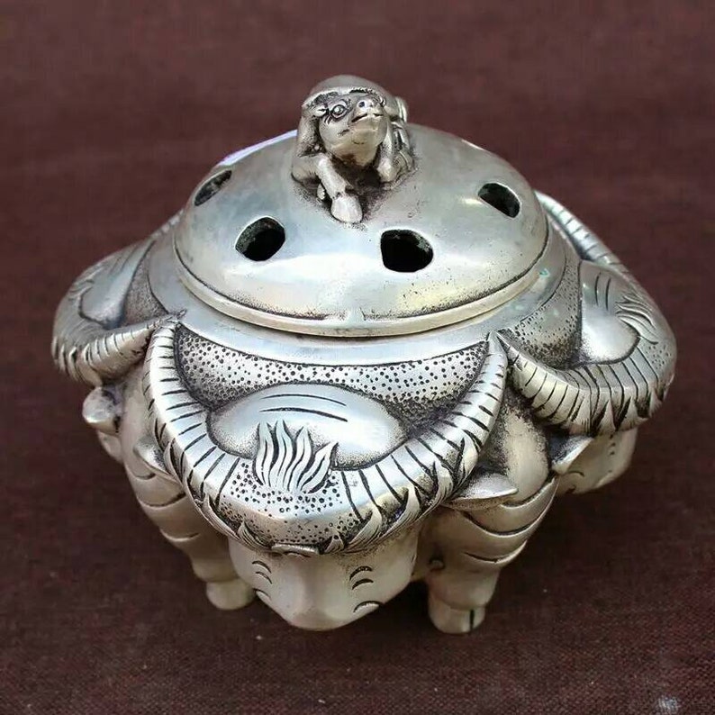 Chinese antique Ming dynasty Xuandelu style white copper silver plating censer,Xuande incense burner,vintage collectable collection Xuandelu