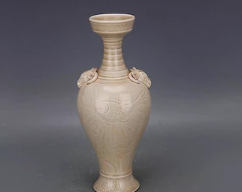Chinese Old ceramic vase,Song Ding Ware white Glaze porcelain vase,hand carving Fish pattern Pottery bottle,Asian Art Collection