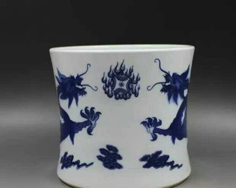 Chinese antique Qing dynasty Kangxi style blue and white porcelain brush pot,hat tube.Chinese antique vase item,Ornament,art