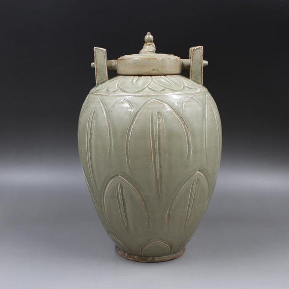 中国製ヴィンテージ陶器ポット 中国越窯 青磁 蓋付き壺 越窯 手彫り 