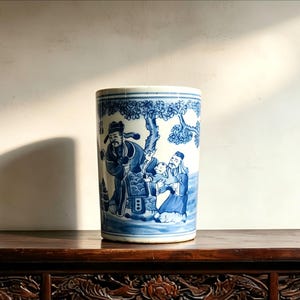 May include: A cylindrical ceramic vessel featuring a blue and white underglaze design. The artwork depicts two figures standing and kneeling beneath a tree, with detailed robes and facial expressions rendered in shades of cobalt blue on white.