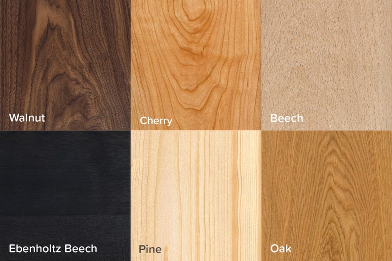 May include: Close-up of six different wood samples: walnut, cherry, beech, ebenholz beech, pine, and oak. Each sample is labeled with its wood type.