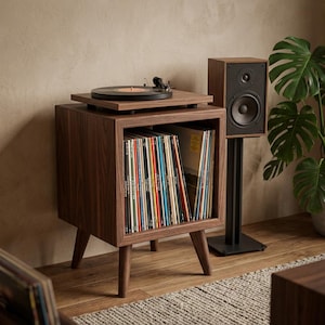 Peut inclure: Meuble de rangement pour platine vinyle en bois foncé de style moderne. Il comprend une platine vinyle sur le dessus et un compartiment pour les disques vinyles. Un haut-parleur est placé sur un support noir à côté de la platine.